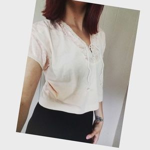 VINTAGE Pink Crop Top, Lace-Up Detail Small